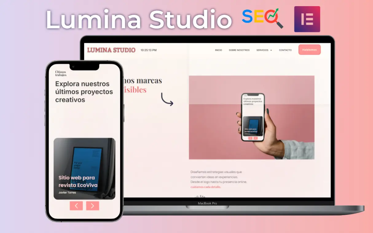 Sitio web de Lumina Studio mostrado en versión desktop y móvil, desarrollado con Elementor y optimizado para SEO.